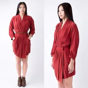 EVER • Whitmore Dress silk charmeuse wrap pleated Rubia red mini cocktail draped